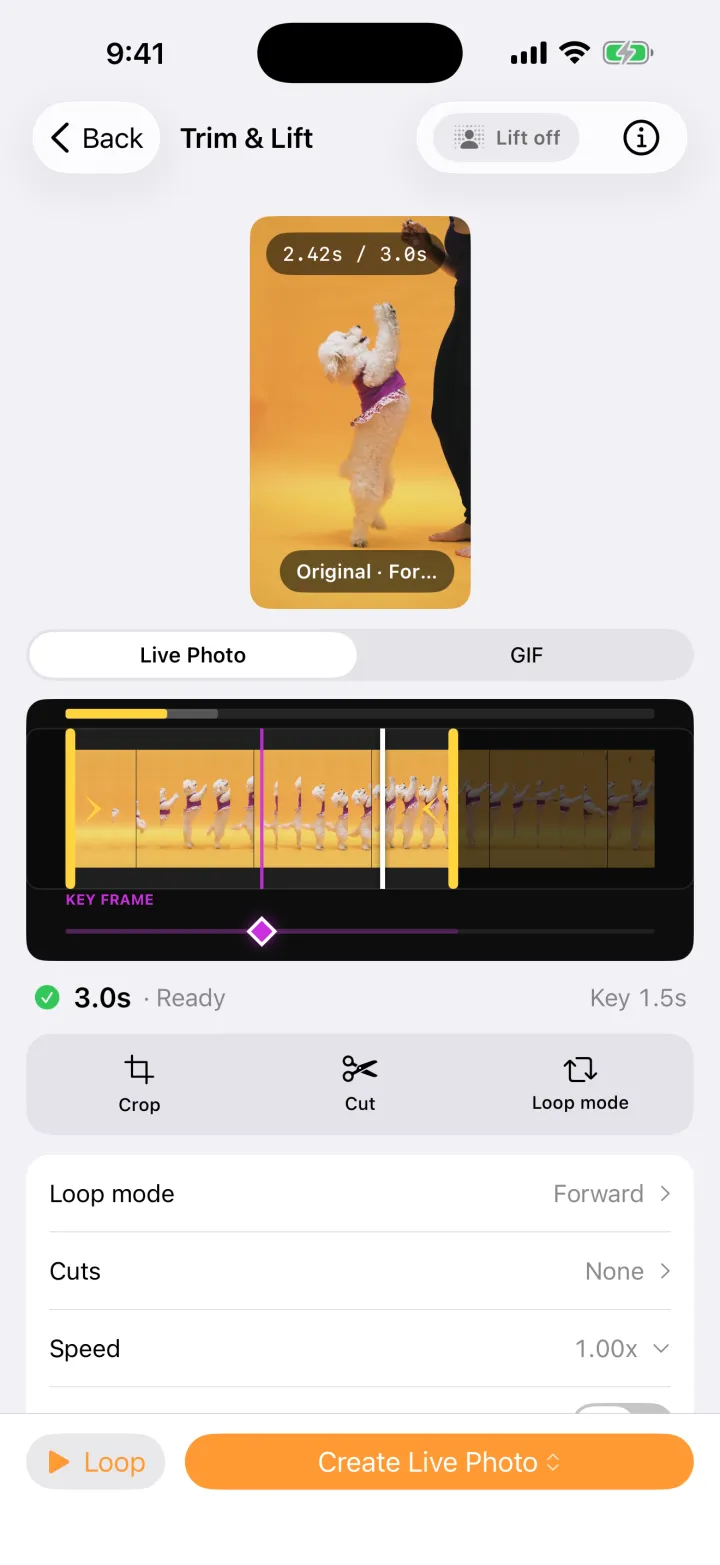 Peel's Trim & Lift screen: a video of a dancing dog above a filmstrip timeline with trim handles and a key frame marker