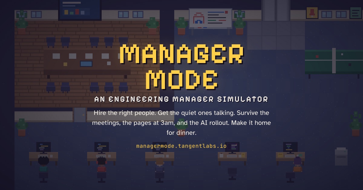 Manager Mode's pixel-art office, with engineers at their desks